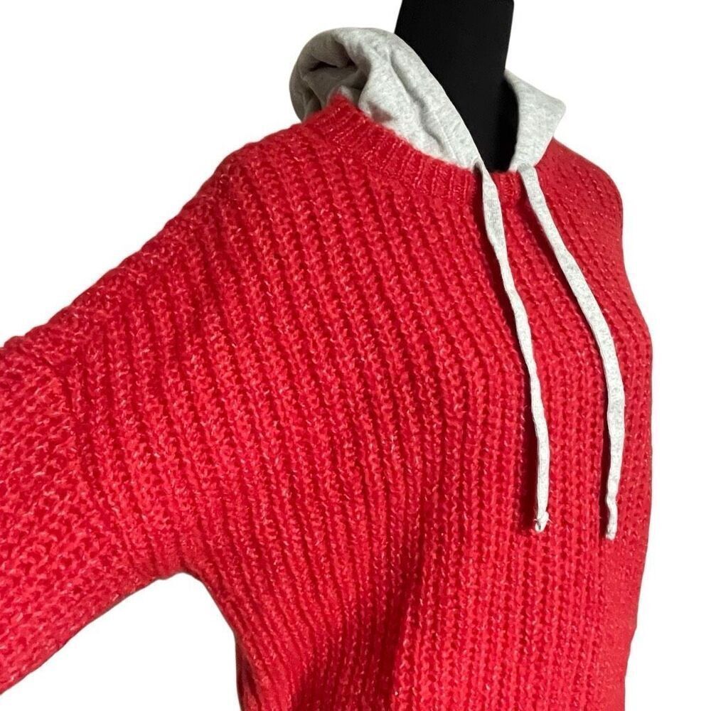 Aerie Offline Red and Gray Mixed Material Thick Knit Hoodie N0337 - Picture 3 of 8